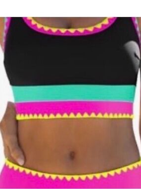 Popvil Women's Black Bikini TOP ONLY Pink, Teal & Yellow Trim MEDIUM